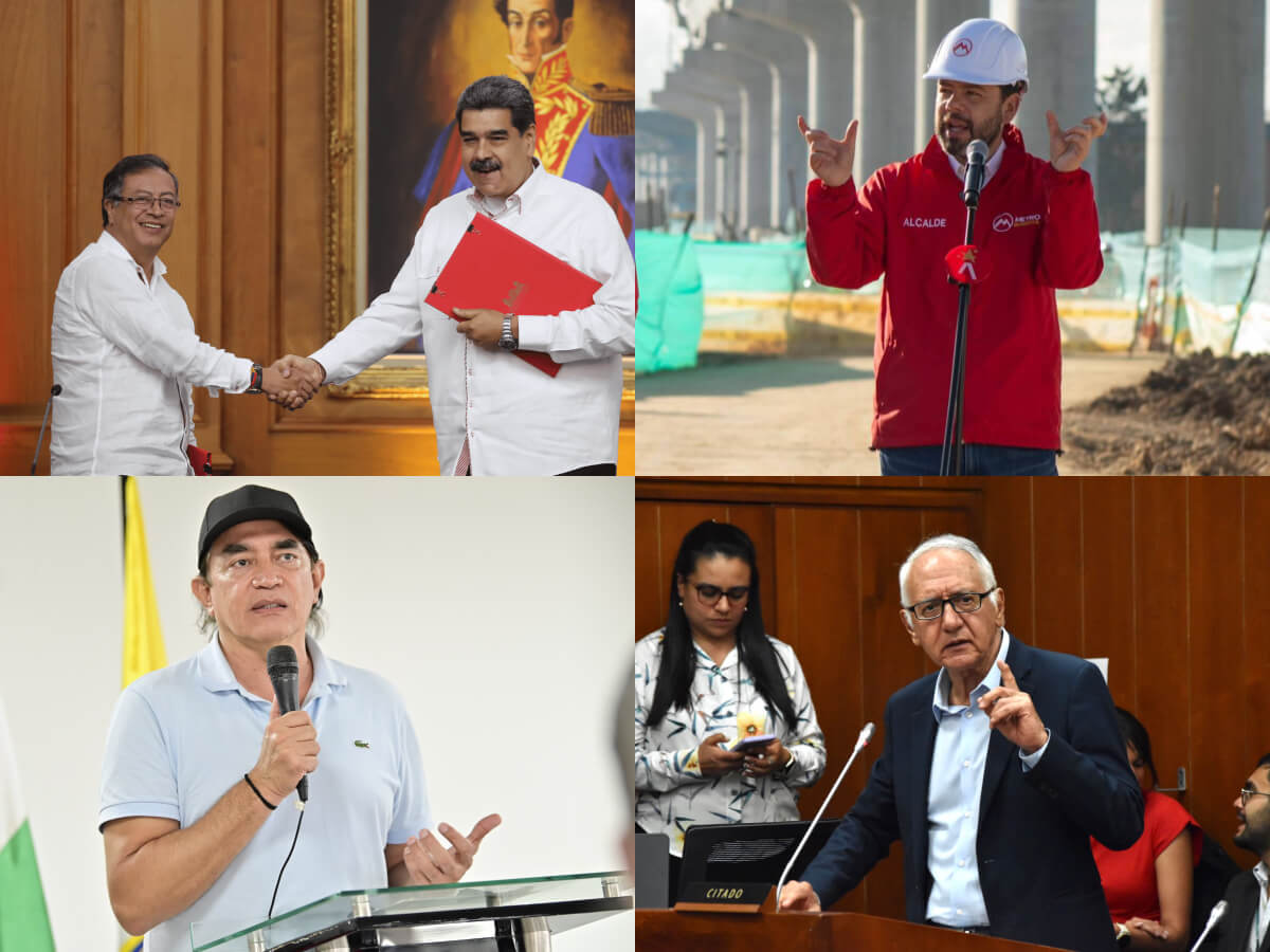 El presidente de Colombia, Gustavo Petro, con el presidente de Venezuela, Nicolás Maduro. El alcalde de Bogotá, Carlos F. Galán. El director del DPS, Gustavo Bolívar. El ministro de Salud, Guillermo Alfonso Jaramillo. (De izquierda a derecha, de arriba a abajo).